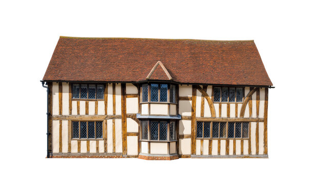 Tudor timber-framed house with red tiled roof, isolated on transparent background
