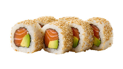 Fresh salmon and avocado sushi rolls covered in sesame seeds, isolated on transparent background © Dan