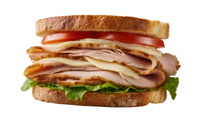 Fotobehang Snack Stacked turkey and cheese sandwich with lettuce and tomato, isolated on transparent background  © Dan