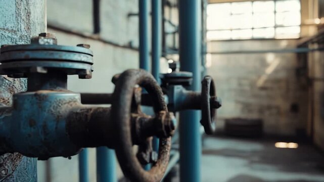 Rusty metal valve on blue industrial pipe inside an abandoned factory, close up showing weathered, corroded machinery and gritty textures that evoke decay, neglect, and obsolescence