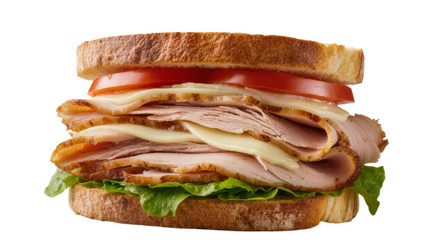 Stacked turkey and cheese sandwich with lettuce and tomato, isolated on transparent background