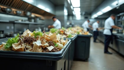 Overflowing rubbish bins filled with food waste in restaurant kitchen. Chefs work in background maintaining operations. Focus on waste management and sanitation issues.