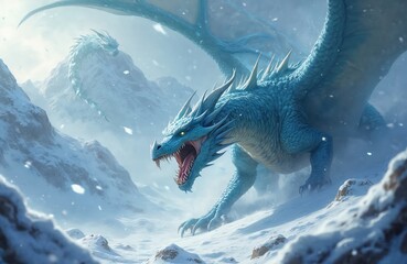 Naklejka premium Blue dragon roars in snowy mountains. Another dragon flies in mist. Winter fantasy scene with mythical creatures, epic battle, ice, cold, snow.