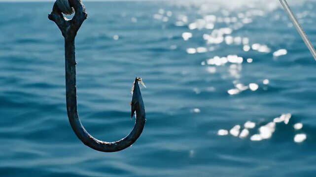 Close up of a weathered fishing hook dangling against a sunlit blue ocean surface with sparkling reflections ideal for fishing or maritime themes