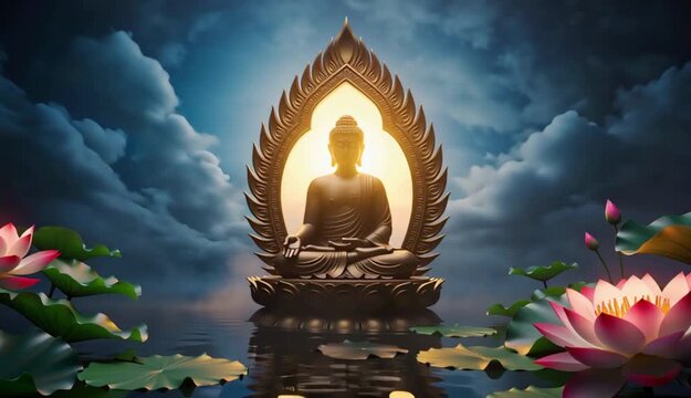 Happy Vesak day,An exquisite Buddhist temple with a magnificent, lotus-enthroned Buddha statue crafted from polished stone, set against a backdrop of vibrant background
