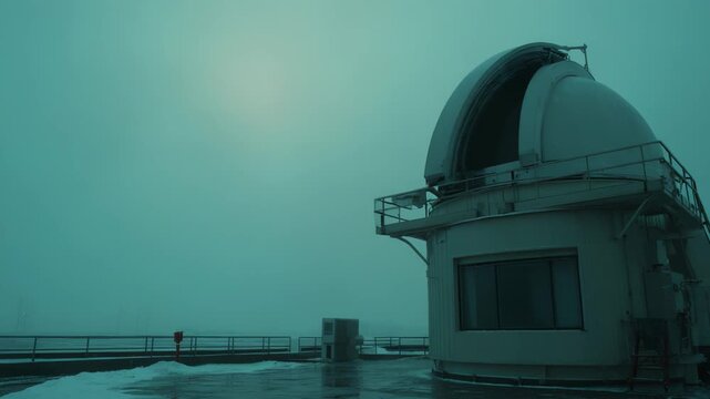 Observatory dome with an open slit exposing its internal telescope on a rooftop with snow and ice, creating a science and research scene in a moody, atmospheric, and cold winter environment