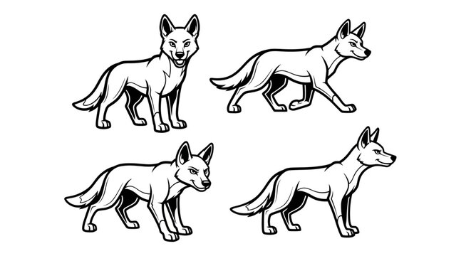 Four Dingo Illustrations in Various Poses on White Background.