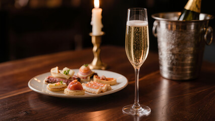 Fototapeta premium Elegant evening gathering features tasty bite-sized food and drinks in a cozy setting with soft candlelight Generative AI