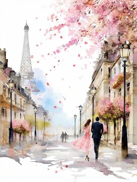 Aquarell-Illustration von Paris mit Eiffelturm und Kirschbl&uuml;te, romantische Fr&uuml;hlingsszene mit Spazierg&auml;ngern, ideal f&uuml;r Reise-, Urlaub- und Lifestyle-Konzepte mit Copyspace
