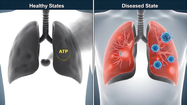 Comparative medical visualization contrasting a healthy lung system with a diseased lung exhibiting viral infection and inflammation