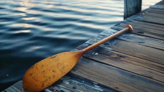 Wooden paddle on rustic dock by calm water at sunset