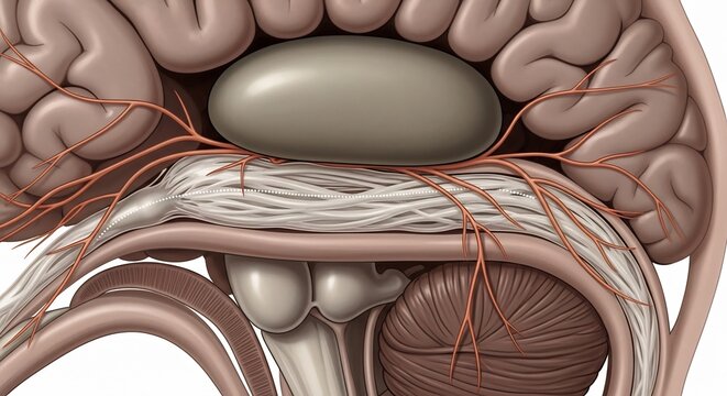 Detailed Anatomical Illustration of the Human Brains Midbrain and Cerebellum.