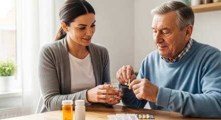 Fototapeta premium A young woman is assisting an elderly man in taking his medication. She holds a glass of water while he carefully takes pills from a small plastic container. 