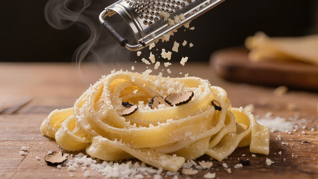 Cooking pasta with grated cheese and truffles on a wooden table in a warm kitchen setting during the evening Generative AI