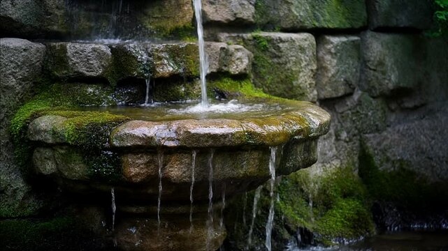 Mossy stone fountain with flowing water.