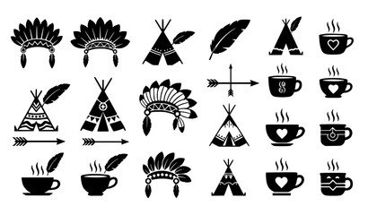Set of boho tribal icons including teepee feathers headdress arrows and coffee cups in black flat design collection © MINARA
