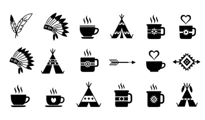 Set of boho native american elements coffee cups feathers teepee and tribal icons in black flat design collection © MINARA