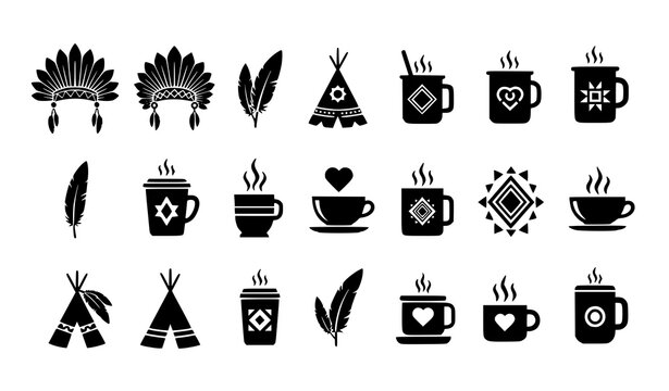 Set of boho tribal icons with feathers teepee coffee cups and ethnic ornaments in black flat design collection