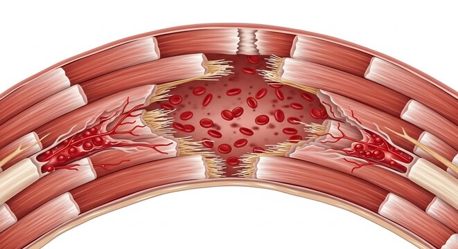 Close-up illustration of a torn muscle fiber with blood cells visible.