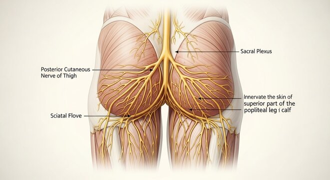 Anatomical illustration of the human sciatic nerve and its branches in the buttocks and thigh.