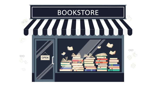 Cozy bookstore storefront with a black and white striped awning and windows filled with large stacks of colorful books for sale.