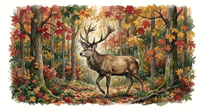 Watercolor illustration of a majestic stag with large antlers walking through a vibrant autumn forest with colorful red and yellow leaves.
