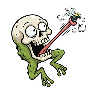 Cartoon frog skeleton catching fly with extended tongue