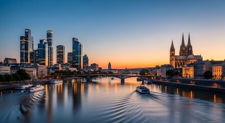 Obraz premium Modern City Skyline and Cathedral Along River at Sunset