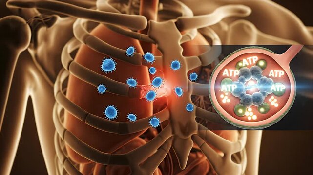 Detailed 3D CGI Visualization of Human Lungs and Alveoli Illustrating Cellular Respiration and ATP Production within a Medical Education Context