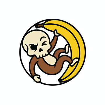 Cartoon monkey with skull face holding a banana