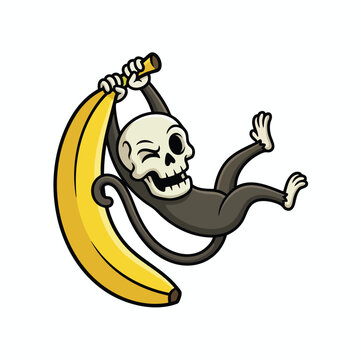 Cartoon monkey skeleton swinging on a giant banana