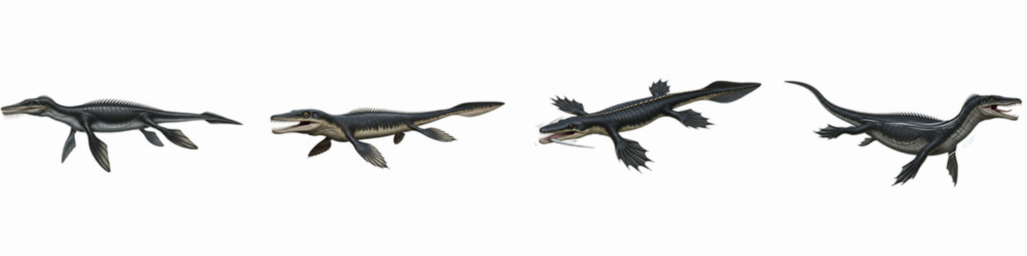 Collection of prehistoric mosasaur marine reptiles swimming in ocean