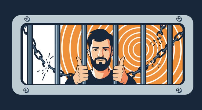 Bearded man smiling and giving a thumbs up from behind prison bars while broken chains fly in the air on an orange circular background.