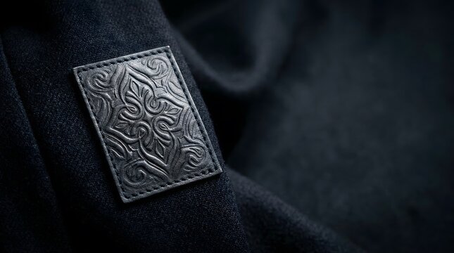 Luxury embossed leather clothing label on dark fabric with dramatic lighting for premium fashion branding identity and high end design