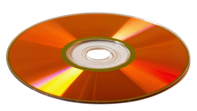 Orange CD disc with reflective surface, isolated on transparent background
