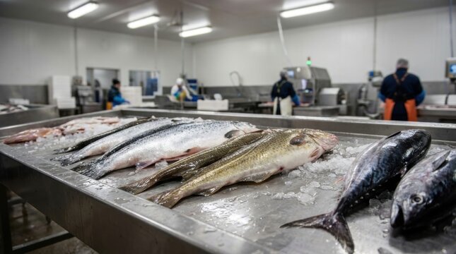 Fresh fish on ice at seafood processing plant with workers in background.