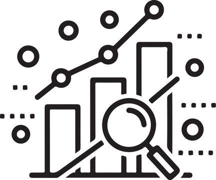 Business analysis, data research, statistics, graph and chart icons, line graph, magnifying glass