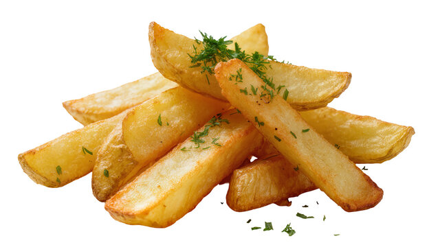 Golden potato wedges with fresh green herbs, isolated on transparent background
