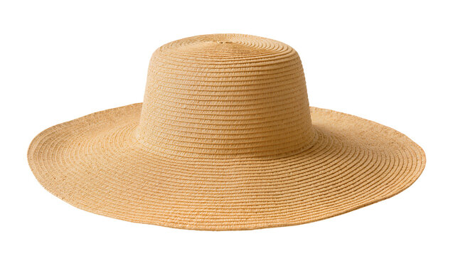 Wide brim straw sun hat with woven texture, isolated on transparent background