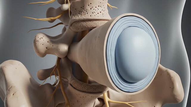 Detailed CGI Cross-Sectional View of Lumbar Spine Disc Bulge and Herniation with Nerve Compression in Human Anatomy for Educational and Healthcare Presentations