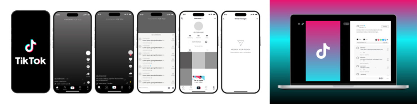 Tiktok. Tik tok mobile App interface template. Tiktok mockup social media template. mobile app interface template on social network. Tiktok Home, User, activity template.