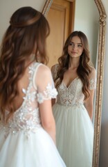 Naklejka premium Young bride looks in mirror wearing white wedding dress. Happy woman prepares for marriage ceremony. Beautiful female admires her elegant gown, styled hair, and makeup. Anticipation of big day.