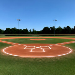 Fototapeta premium A professional baseball grass lines pattern on a well-maintained sports field under a clear blue summer sky.