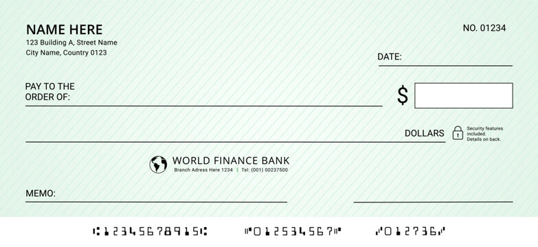 Blank bank check. Professional business check template clean financial cheque with empty field to fill. Currency payment coupon, money check, Voucher coupon
