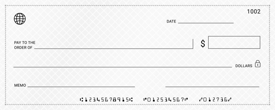 Bank cheque template, Editable payment check design. Currency payment coupon, money check background with empty field to fill. Voucher coupon