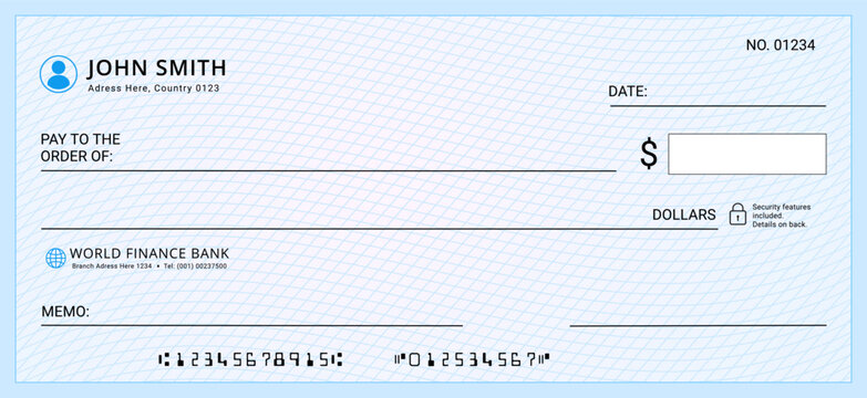 Bank check template with security pattern and clean layout. Cheque design for finance and business Use. Currency payment coupon, Money check
