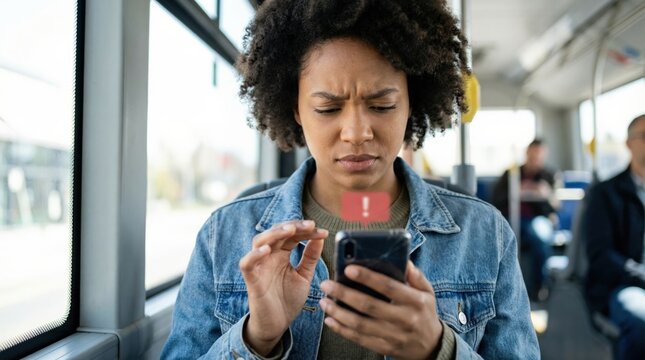 African teenage girl reacting to suspicious smishing text