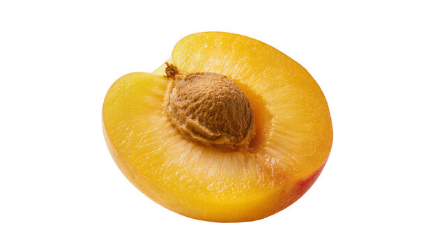 Juicy yellow peach half with rough brown pit, isolated on transparent background