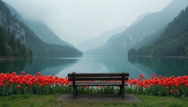 Empty wooden bench overlooks tranquil lake with red tulips. Misty mountains rise behind serene blue water. Peaceful natural landscape view in spring.