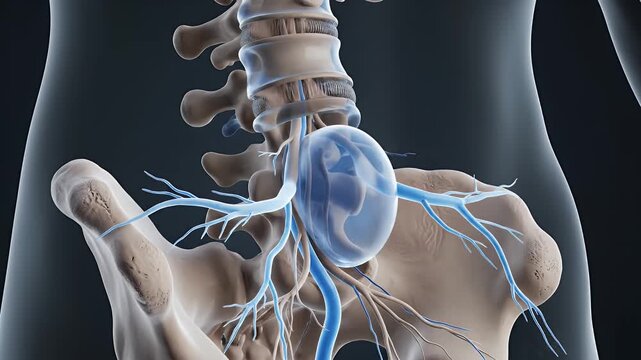 Detailed Medical CGI Visualization of the Human Lumbar Spine Pelvis and Sciatic Nerve with Glowing Red Pain Impulse for Healthcare Education and Research Presentations on a Dark Background